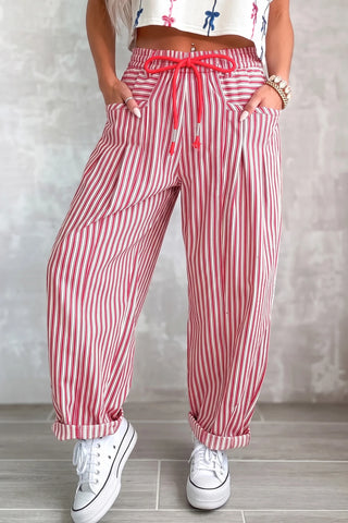 Red Stripe Drawstring Barrel Pants