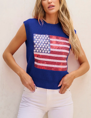 Blue Sparkling American Flag Knitted Vest-Vests-option1]-kendra-kays-boutique
