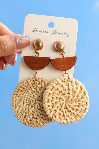 Beige Wooden Woven Disc Dangle Earrings-Earrings-option1]-kendra-kays-boutique