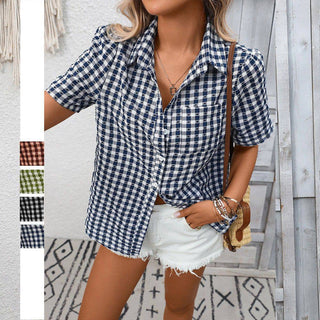 Casual Gingham Short Sleeve Button Down Shirt with Pocket-option1]-kendra-kays-boutique