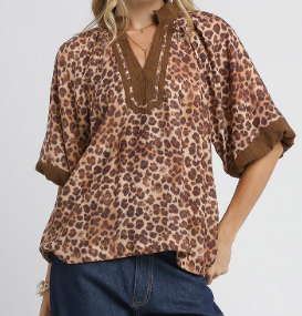 Umgee Leopard Print Pleated Sleeve Blouse-Short Sleeves-option1]-small-kendra-kays-boutique