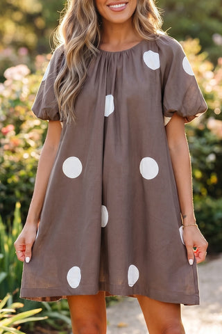 Polka Dot Print Knot Back Short Puff Sleeve Loose Mini Dress-Dresses-option1]-Small-kendra-kays-boutique