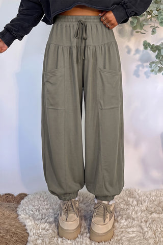 Olive Elastic Waist Drawstring Wide Leg Pants