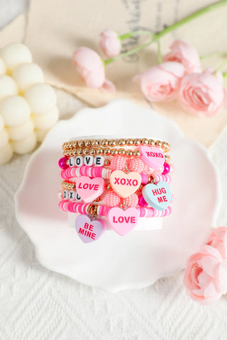 Valentine Heart Pendant Beaded Elastic Bracelet Set