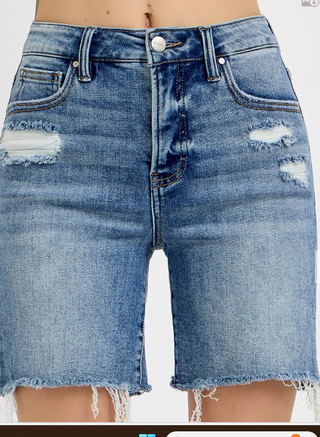 Risen Medium Wash HIGH RISE MID LENGTH SHORTS tummy control-Shorts-option1]-kendra-kays-boutique