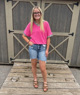 Bright Pink Leopard Patchwork Corded Texture V Neck T Shirt-Short Sleeves-option1]-small-kendra-kays-boutique