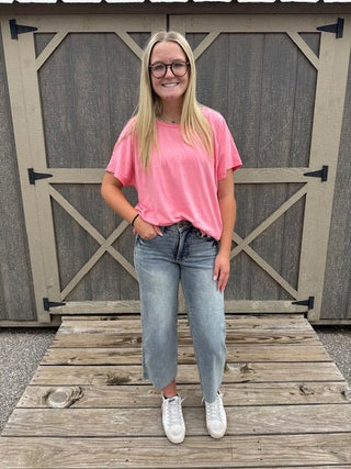 Pink Frilled Hem Loose T-Shirt-Short Sleeves-option1]-small-kendra-kays-boutique