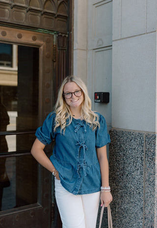 Tied Front Bubble Sleeve Peplum Denim Shirt-Short Sleeves-option1]-small-kendra-kays-boutique