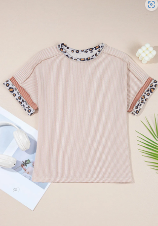 Leopard Patchwork Corded Knit Crew Neck T Shirt-Short Sleeves-option1]-small-kendra-kays-boutique