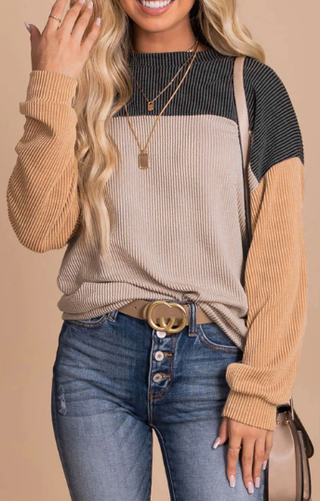 Black Color Block Long Sleeve Ribbed Loose Top-Tops-option1]-kendra-kays-boutique