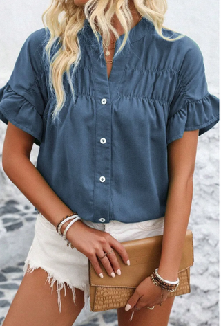 Blue Ruffle Ruched Short Sleeve Buttoned Shirt-Short Sleeves-option1]-small-kendra-kays-boutique
