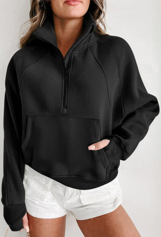Fleece Lined Zip Up Stand Collar Thumbhole Sleeve Sweatshirt-Sweatshirts-option1]-kendra-kays-boutique
