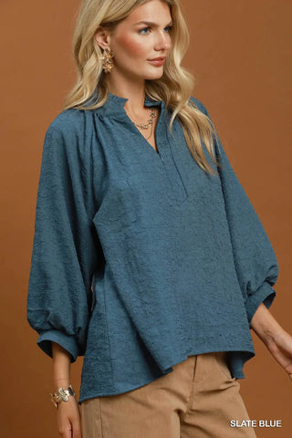 Textured Split Neck Balloon Sleeve-Long Sleeves-option1]-Small-kendra-kays-boutique