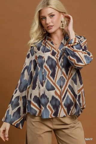 Ikat Print Tie-Neck Blouse-Long Sleeves-option1]-Small-kendra-kays-boutique