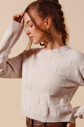 Checker pattern knitted round neck sweater top-Long Sleeves-option1]-small-kendra-kays-boutique