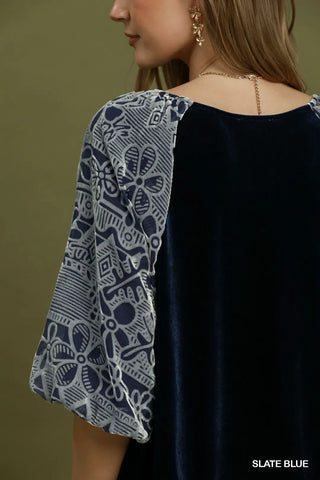 Velvet Top with Burnout Floral Puff Sleeves-Tops-option1]-kendra-kays-boutique