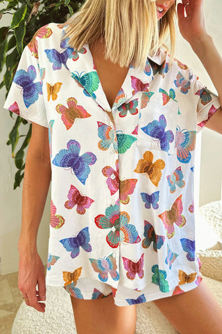 Multicolour Butterfly Pattern Short Sleeve Shirt Pajamas Set-Pajamas-option1]-small-kendra-kays-boutique