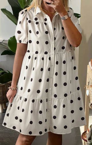 White Polka Dot Print Short Sleeve Collar Buttoned Tiered Babydoll Dress-Dresses-option1]-small-kendra-kays-boutique