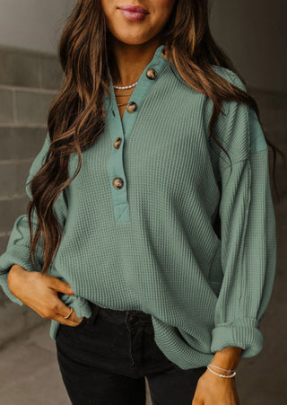 Waffle long sleeve collar half button loose top-Tops-option1]-kendra-kays-boutique