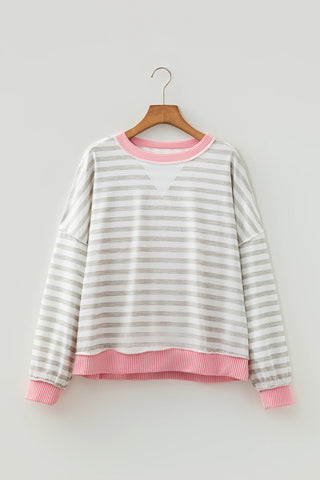 Pink Ribbed Trim Striped Round Neck Top