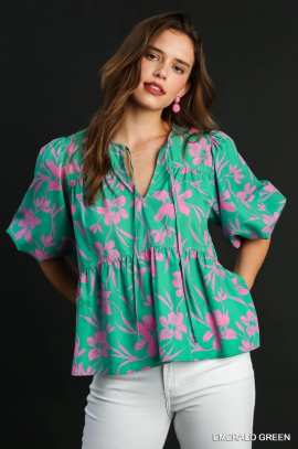 Lightweight Floral Blouse – V-Notch Neck & 3/4 Sleeves-Short Sleeves-option1]-small-kendra-kays-boutique
