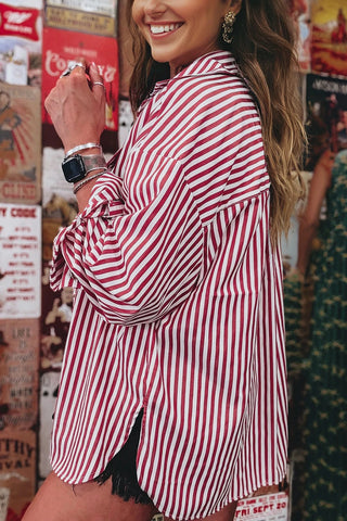 Red Stripe Patched Pocket Side Slit Loose Shirt-Long Sleeves-option1]-kendra-kays-boutique