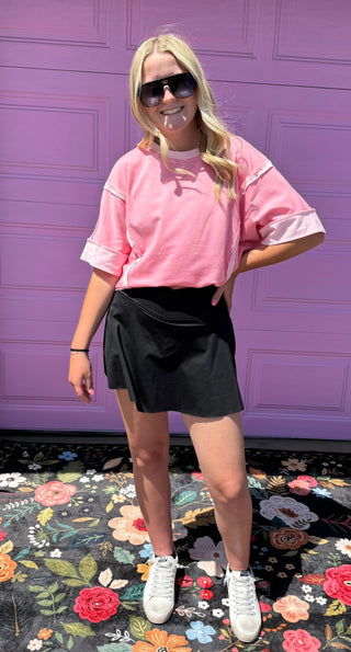 Pink Half Sleeve Raw Seam High Low Side Split Top-Short Sleeves-option1]-small-kendra-kays-boutique