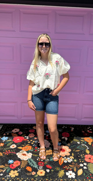 Umgee Floral embroidered Puff Sleeve Blouse-Short Sleeves-option1]-small-kendra-kays-boutique