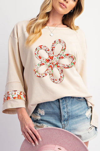 Beige Flower Patch Graphic Exposed Seam Wide Sleeve Top-Tops-option1]-kendra-kays-boutique