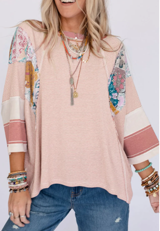 Pink Printed Pinstriped Color Block Patchwork Oversized Top-Short Sleeves-option1]-small-kendra-kays-boutique