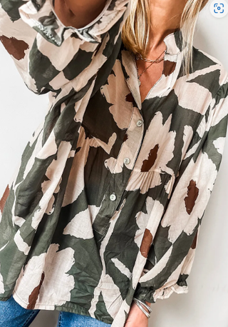 Abstract Floral Print Puff Sleeve Half Button Blouse-Long Sleeves-option1]-kendra-kays-boutique