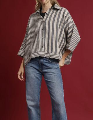 Umgee Mixed Stripe Button Down Shirt-Short Sleeves-option1]-small-kendra-kays-boutique